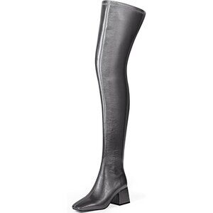 Women Grey Polyurethane Over the Knee Square Toe Block Heel Long Zipper Boots